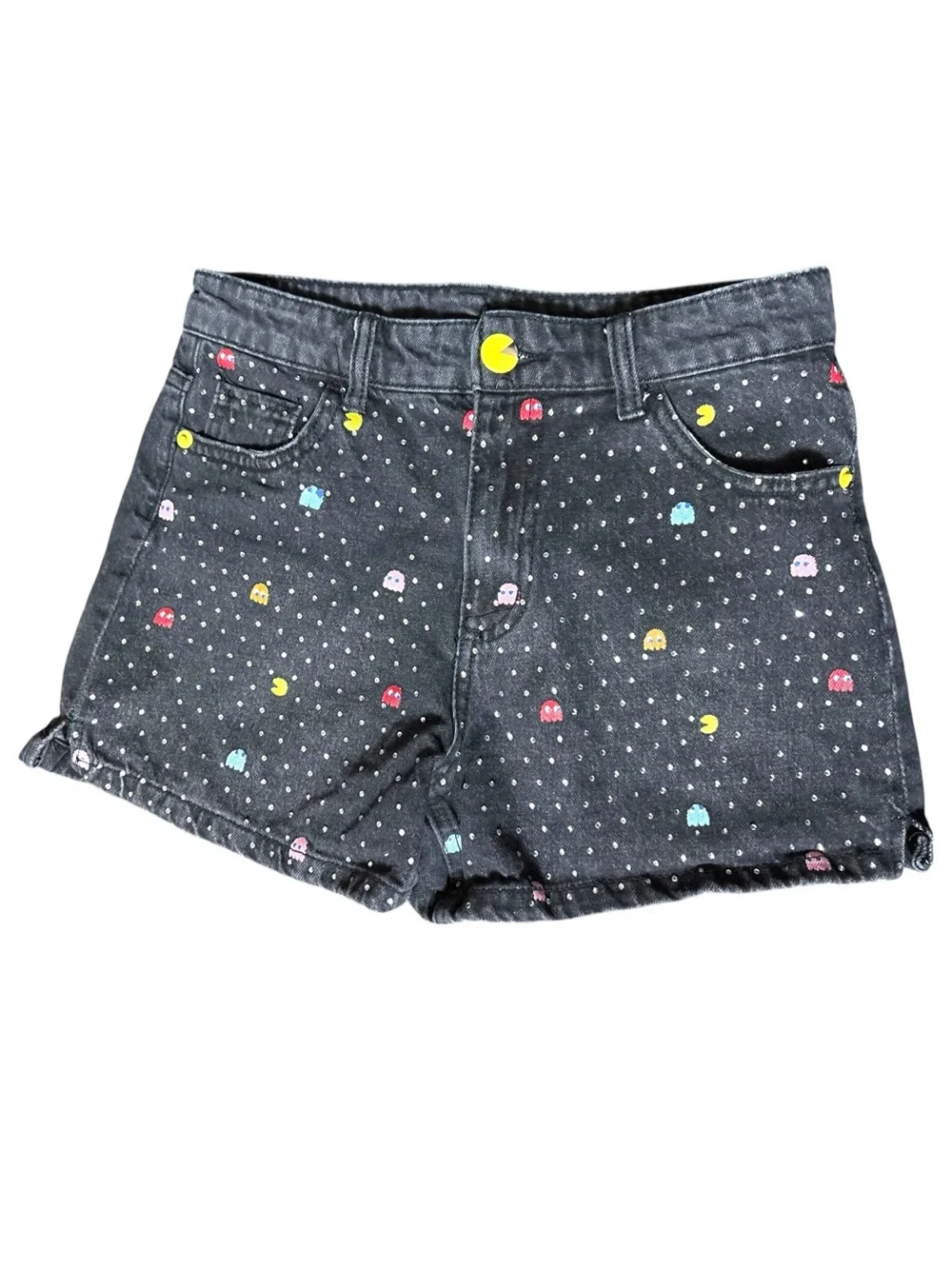 Justice Girls PAC-MAN Embellished  Black Denim Mini Mom Shorts Girls 12 EUC